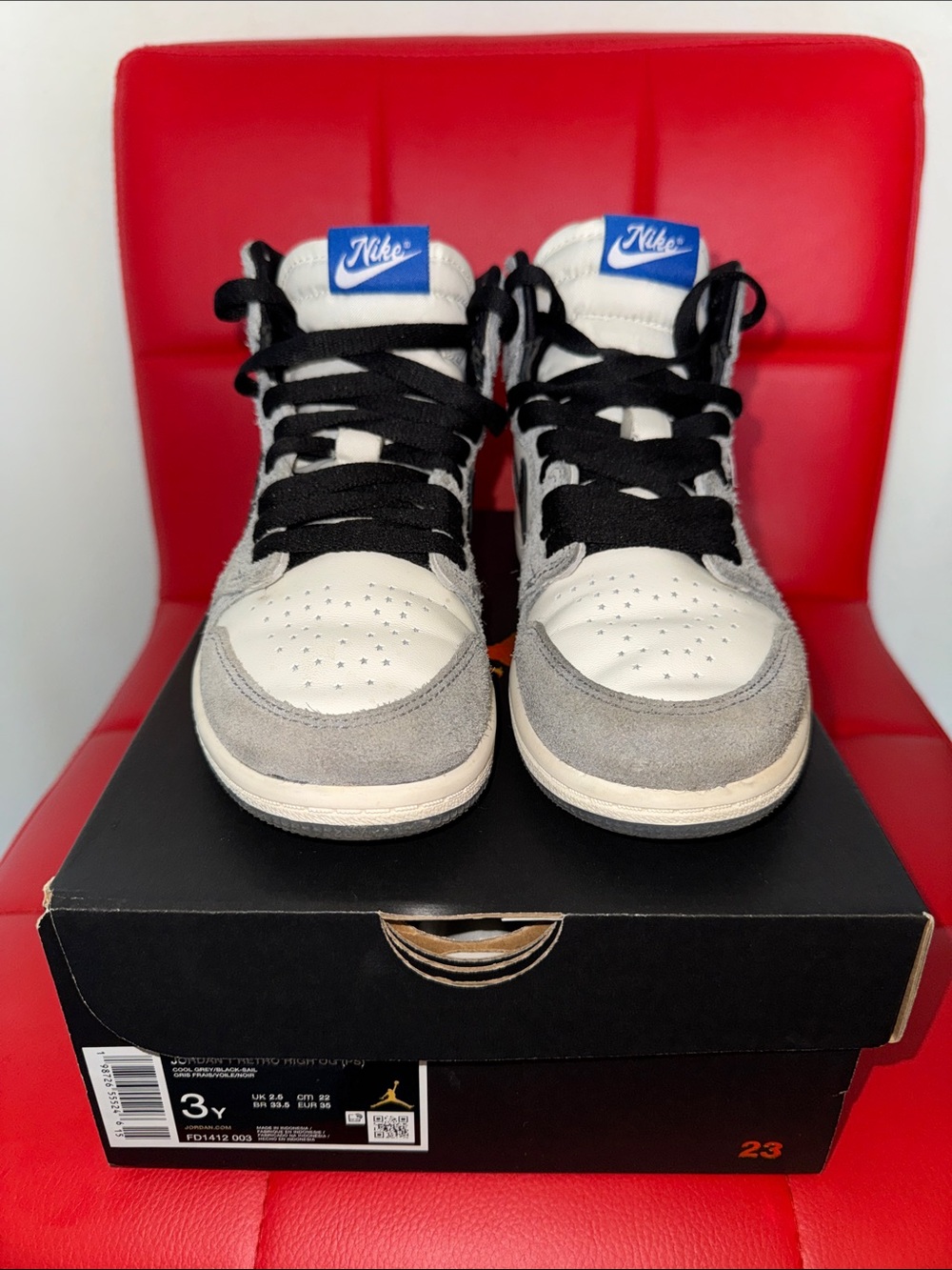 Nike Kids High-Top Sneakers in White, Gray & Black with Blue Tongue Tab